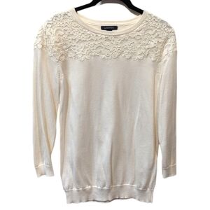 Lands' End Lace Collar Cream Dainty Feminine Longsleeve Cotton Sweater (XS)